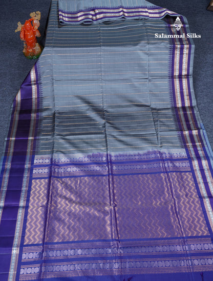 Grey Pure Kanjivaram Soft Silk Saree With Beautiful Violet Traditional Double Border