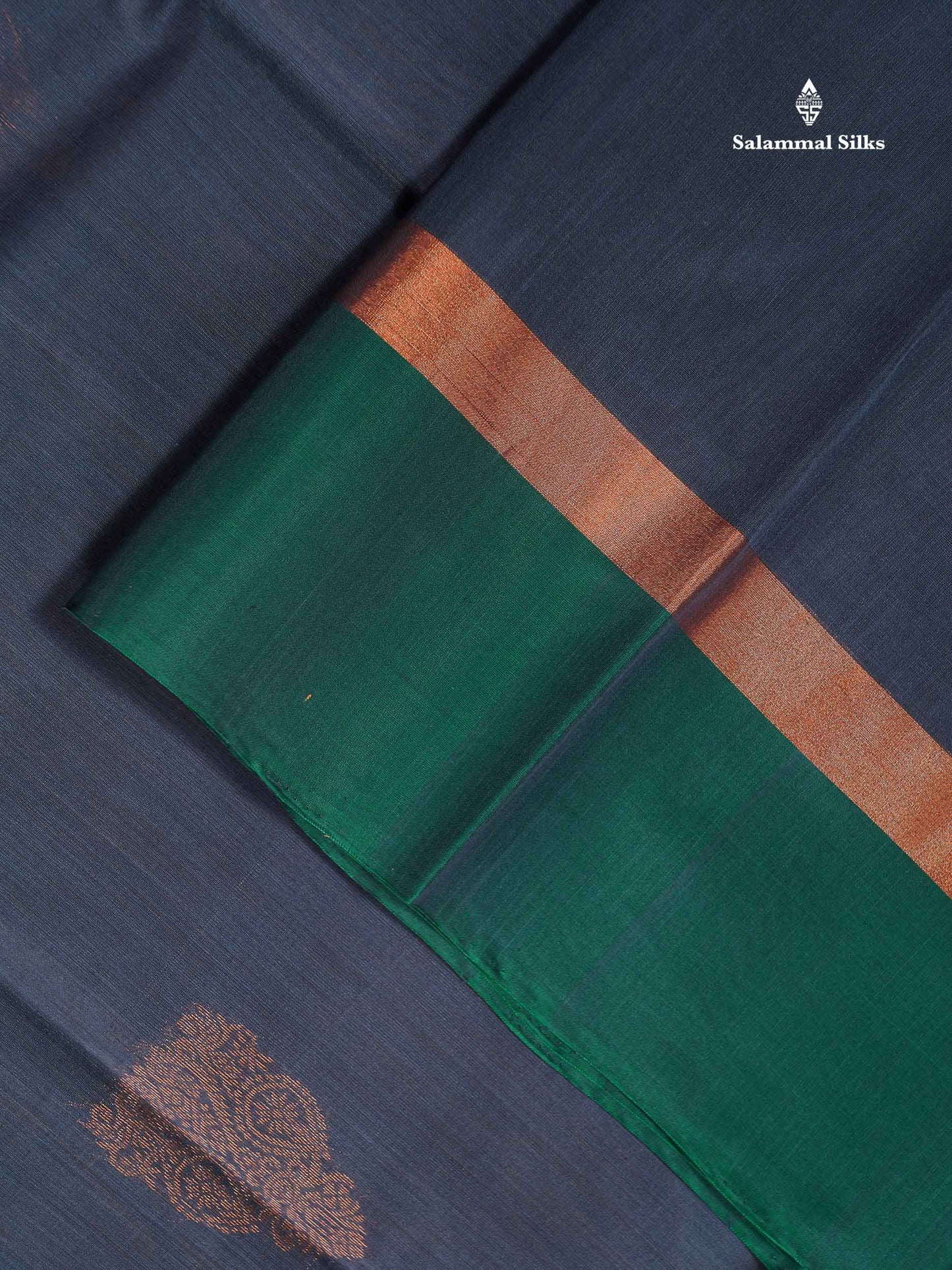 SICO Cotton Saree - Dark Navy Blue Colour Body With Copper Zari Butta & Bottle Green Plain Border