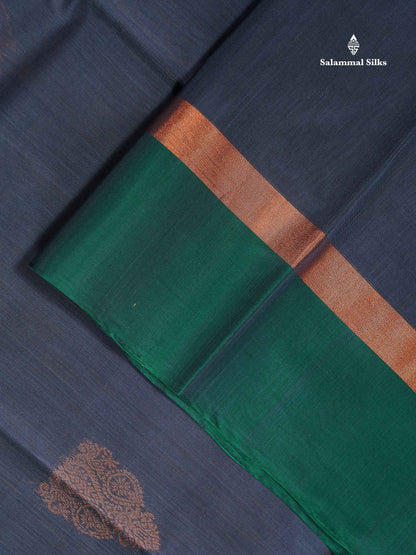 SICO Cotton Saree - Dark Navy Blue Colour Body With Copper Zari Butta & Bottle Green Plain Border