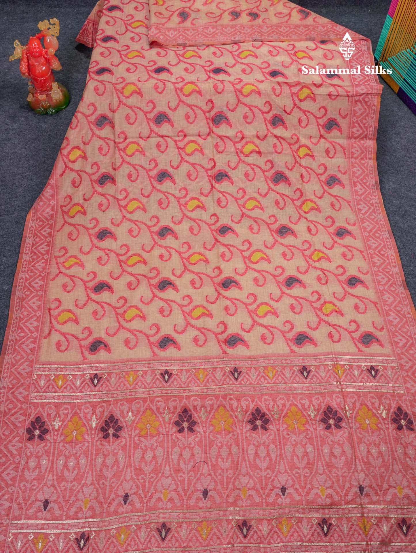 Beautiful Light Peach Menakari Work Thread Work Muga Cotton Saree With Blouse