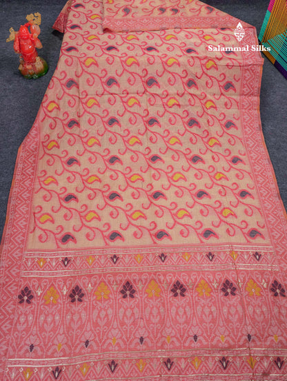 Beautiful Light Peach Menakari Work Thread Work Muga Cotton Saree With Blouse