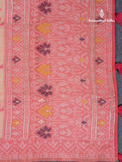 Beautiful Light Peach Menakari Work Thread Work Muga Cotton Saree With Blouse