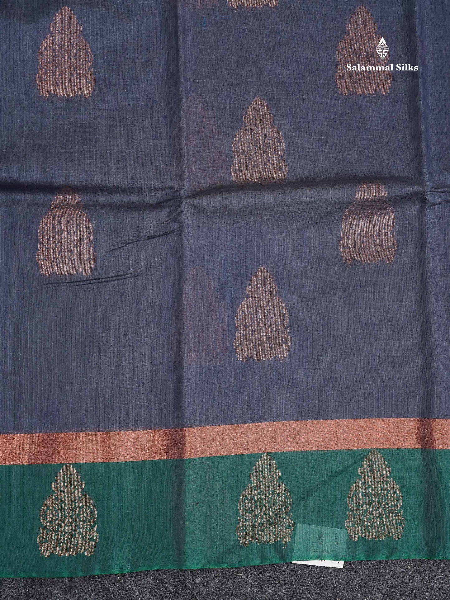 SICO Cotton Saree - Dark Navy Blue Colour Body With Copper Zari Butta & Bottle Green Plain Border