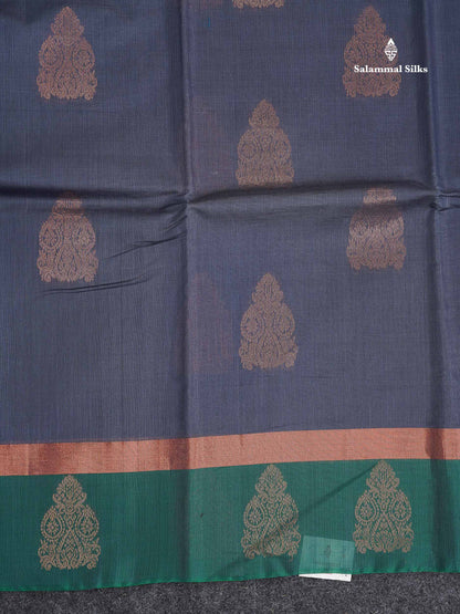 SICO Cotton Saree - Dark Navy Blue Colour Body With Copper Zari Butta & Bottle Green Plain Border