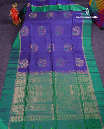 Beautiful Navy Blue Pure Mix Kanjivaram Soft Silk Saree With Contrast Dual Tone Peacock Green Fancy Border