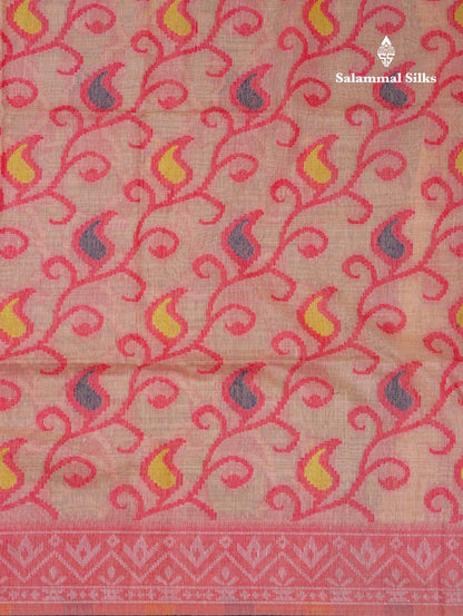 Beautiful Light Peach Menakari Work Thread Work Muga Cotton Saree With Blouse