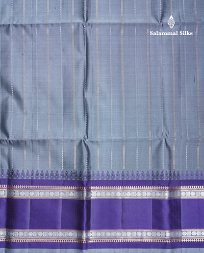Grey Pure Kanjivaram Soft Silk Saree With Beautiful Violet Traditional Double Border
