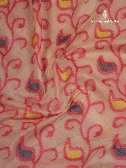 Beautiful Light Peach Menakari Work Thread Work Muga Cotton Saree With Blouse