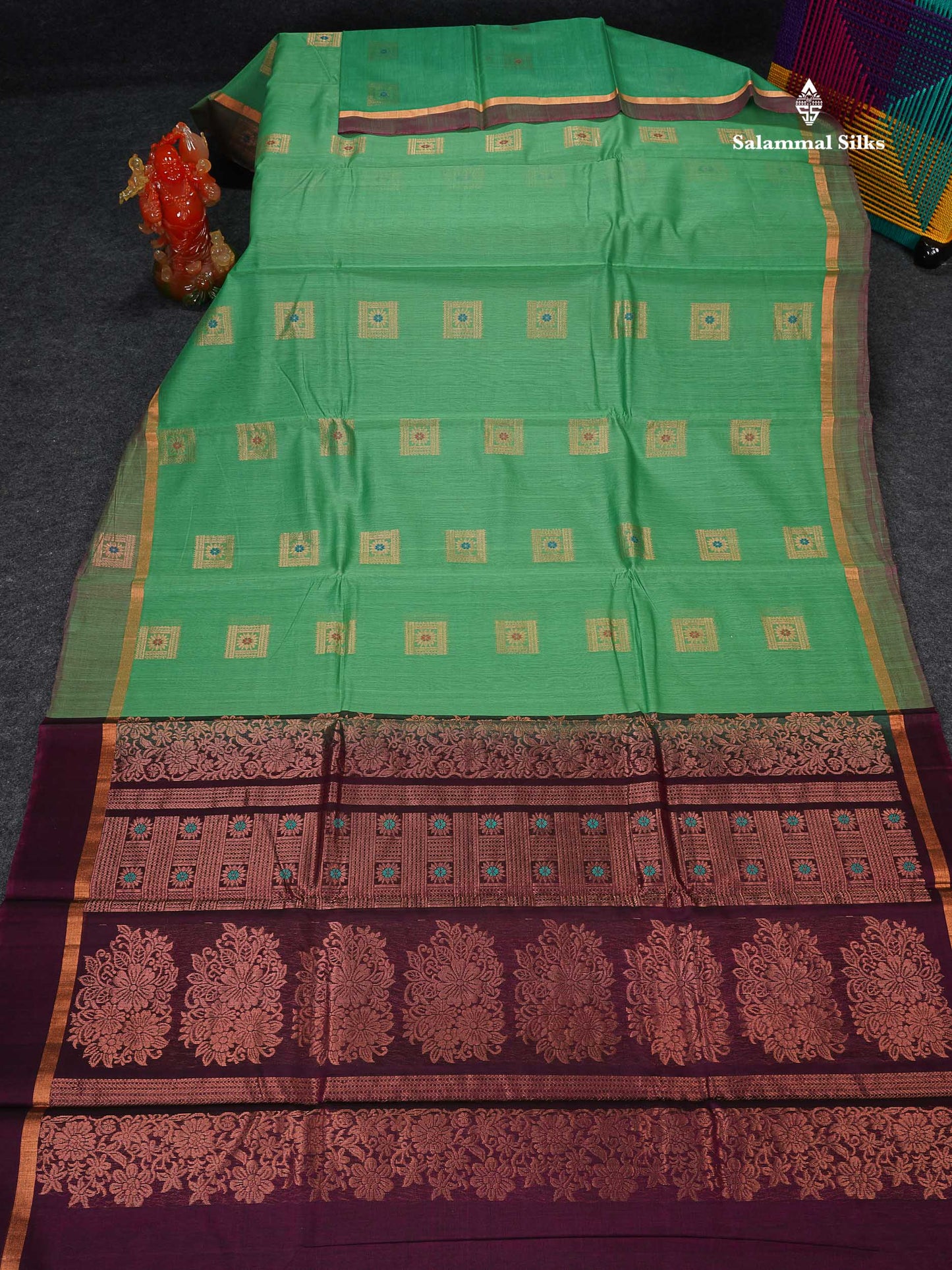 SICO Cotton Saree - Light Green Colour Body Menakari Work With Dark Magenta Blouse