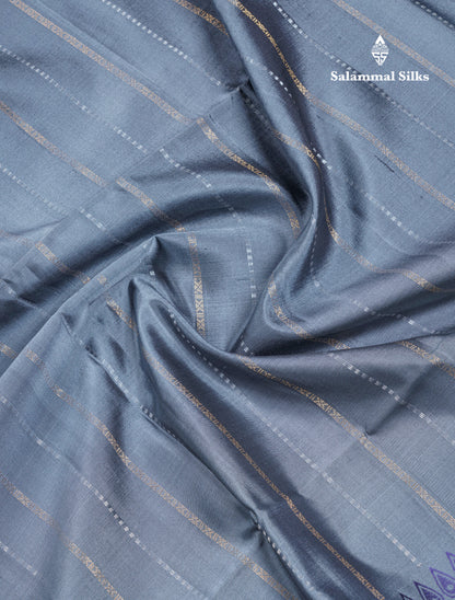 Grey Pure Kanjivaram Soft Silk Saree With Beautiful Violet Traditional Double Border