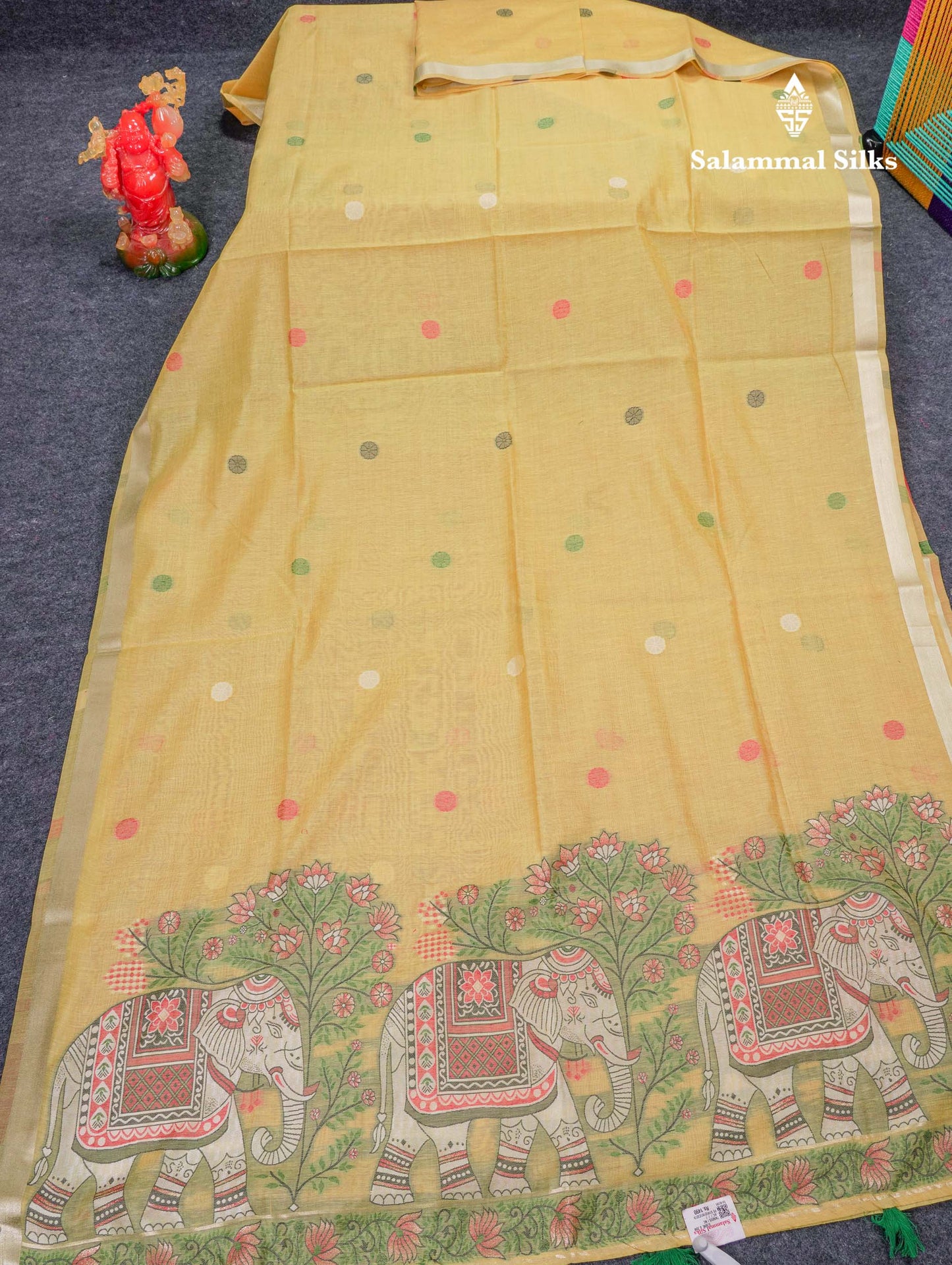 Beautiful Light Yellow Menakari Work Thread Work Butta Muga Cotton Saree With Contrast Red Blouse
