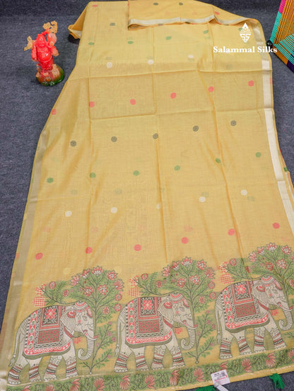 Beautiful Light Yellow Menakari Work Thread Work Butta Muga Cotton Saree With Contrast Red Blouse