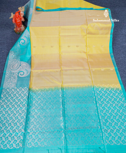 Beautiful Yellow Pure Kanjivaram Soft Silk Saree With Sapphire Blue One Side Long Border