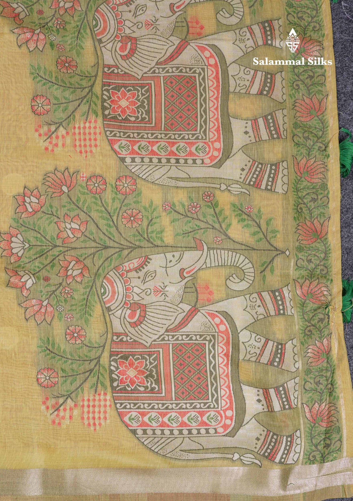 Beautiful Light Yellow Menakari Work Thread Work Butta Muga Cotton Saree With Contrast Red Blouse