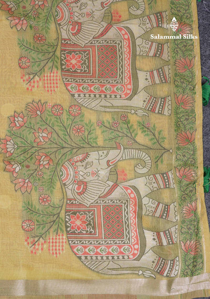 Beautiful Light Yellow Menakari Work Thread Work Butta Muga Cotton Saree With Contrast Red Blouse