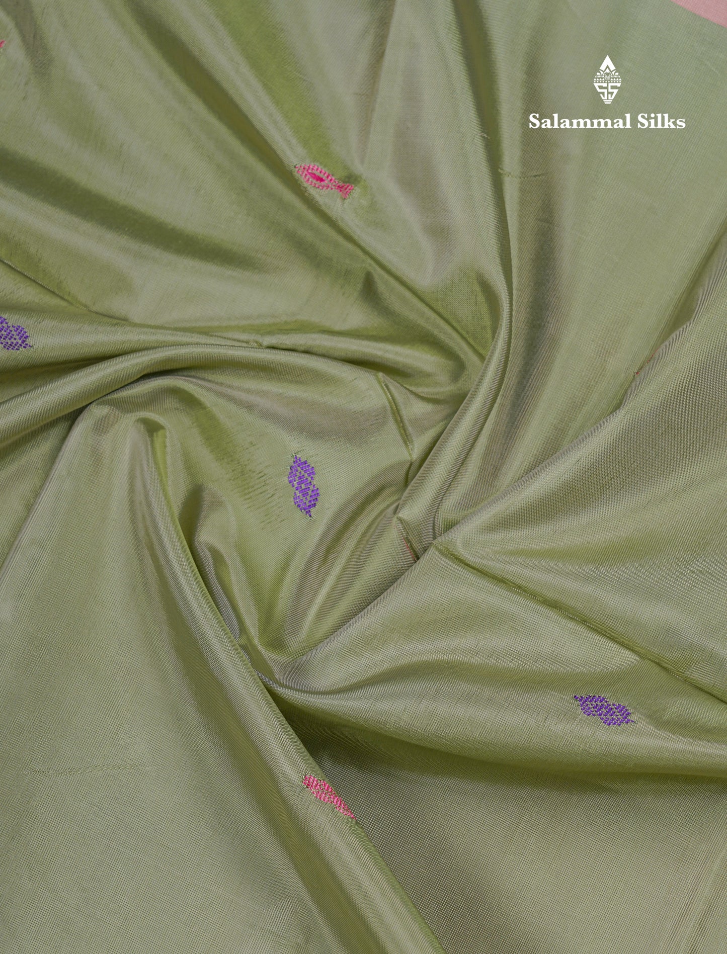 Light Pista Green Thread work Buttas Banana Pinth Saree (Vaazhainaar Pattu) With Contrast Violet Blouse