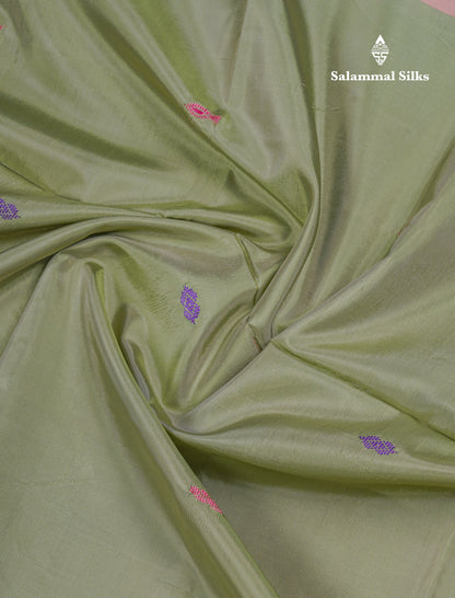 Light Pista Green Thread work Buttas Banana Pinth Saree (Vaazhainaar Pattu) With Contrast Violet Blouse