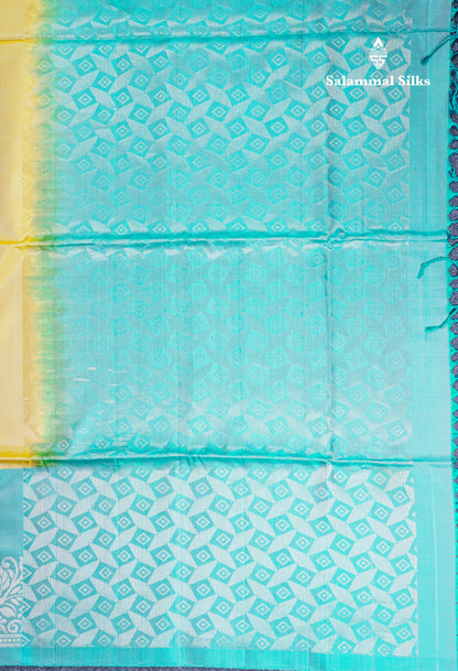 Beautiful Yellow Pure Kanjivaram Soft Silk Saree With Sapphire Blue One Side Long Border