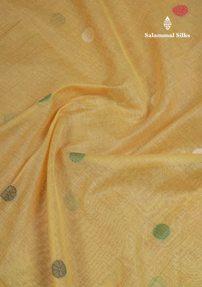 Beautiful Light Yellow Menakari Work Thread Work Butta Muga Cotton Saree With Contrast Red Blouse
