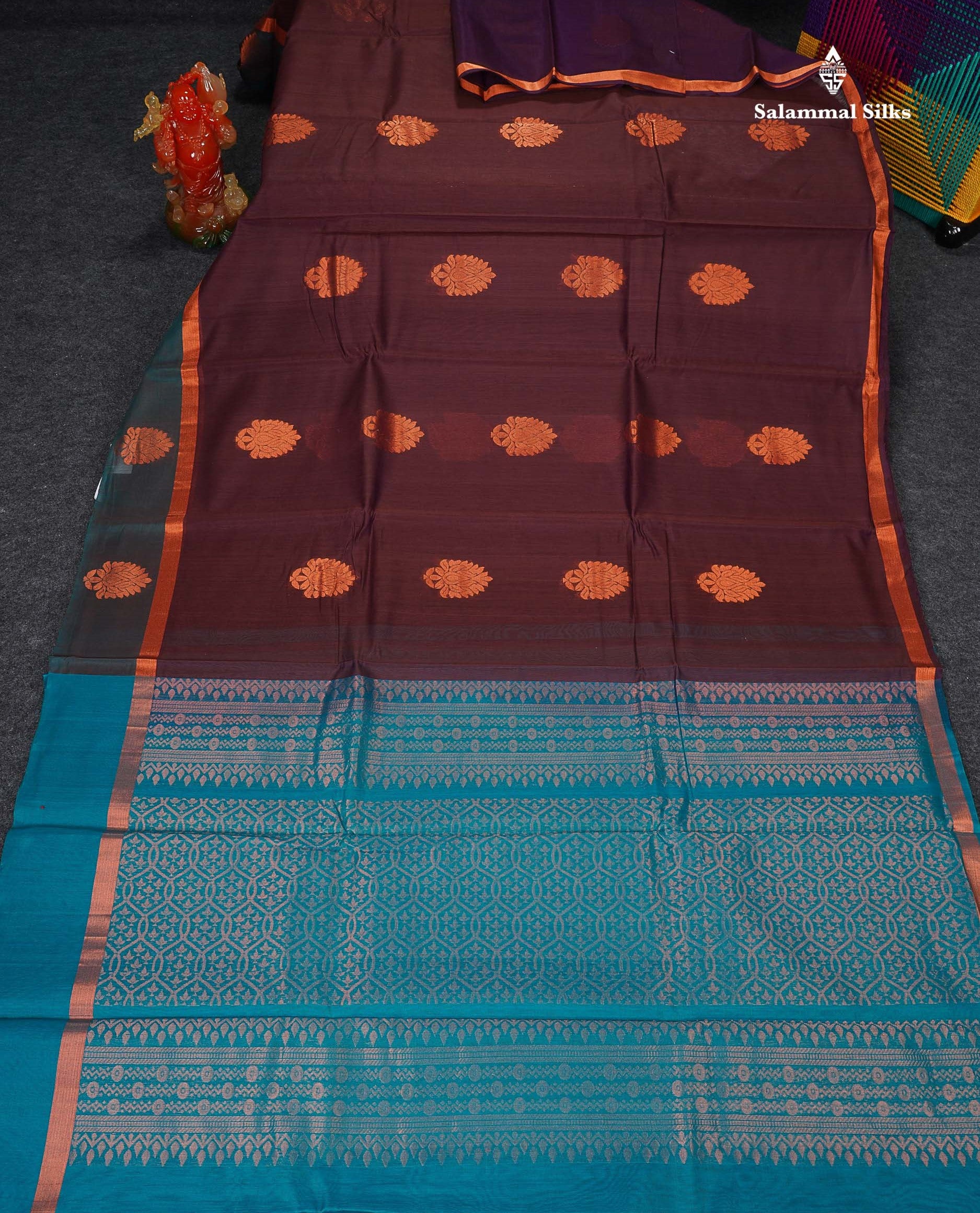 SICO Cotton Saree - Dark Maroon Colour Body With Copper Zari Butta & Peacock Blue Blouse