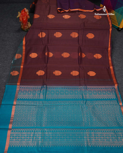 SICO Cotton Saree - Dark Maroon Colour Body With Copper Zari Butta & Peacock Blue Blouse