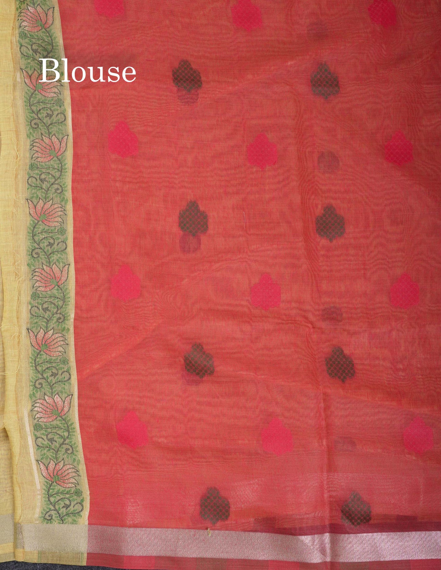 Beautiful Light Yellow Menakari Work Thread Work Butta Muga Cotton Saree With Contrast Red Blouse