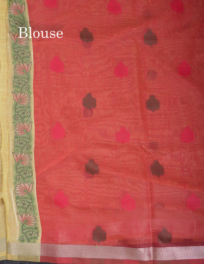 Beautiful Light Yellow Menakari Work Thread Work Butta Muga Cotton Saree With Contrast Red Blouse