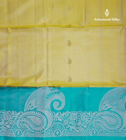 Beautiful Yellow Pure Kanjivaram Soft Silk Saree With Sapphire Blue One Side Long Border