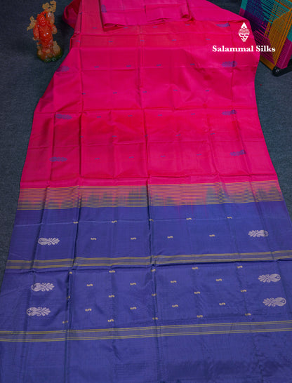 Dual Tone Pink Thread work Buttas Banana Pinth Saree (Vaazhainaar Pattu) With Contrast Navy Blue Blouse