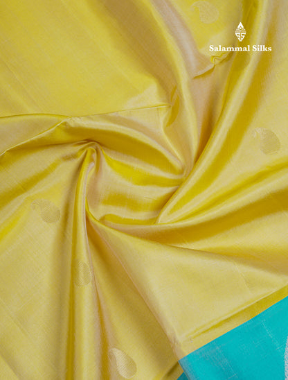 Beautiful Yellow Pure Kanjivaram Soft Silk Saree With Sapphire Blue One Side Long Border