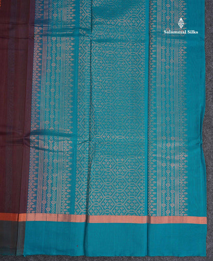 SICO Cotton Saree - Dark Maroon Colour Body With Copper Zari Butta & Peacock Blue Blouse