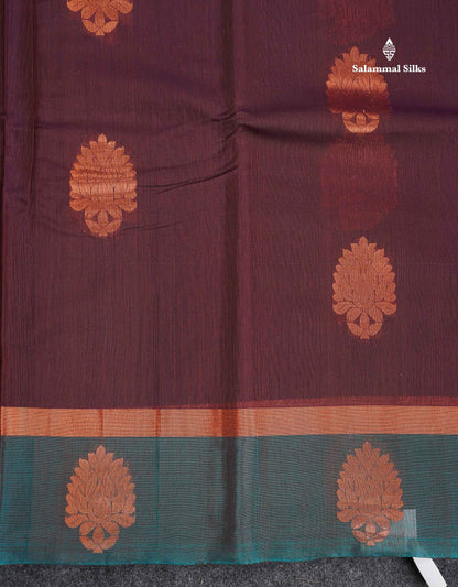 SICO Cotton Saree - Dark Maroon Colour Body With Copper Zari Butta & Peacock Blue Blouse