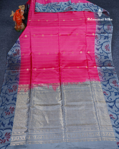 Pink Pure Kanjivaram Soft Silk Saree With Grey Beautiful Pochampalli Border