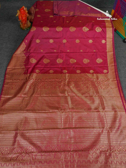 Semi Silk Saree - Dual Tone Maroon Colour Body Zari Butta With Traditional Turning Border