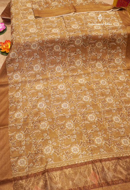 Olive Mustard Yellow Colour Chanderi Mixed Cotton Saree With Blouse