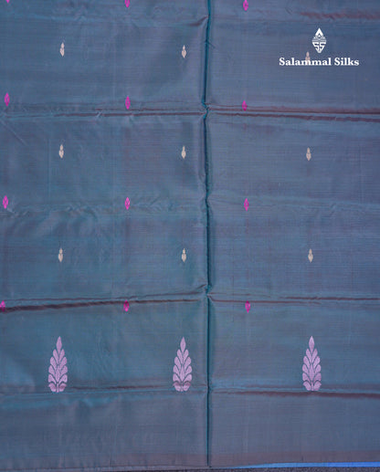 Dual Tone Blue Thread work Buttas Banana Pinth Saree (Vaazhainaar Pattu) With Contrast Blue Blouse
