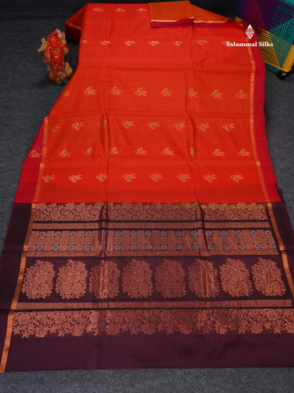SICO Cotton Saree - Orange Colour Body Menakari Work With Dark Brown Blouse 