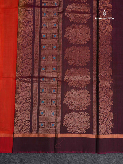SICO Cotton Saree - Orange Colour Body Menakari Work With Dark Brown Blouse