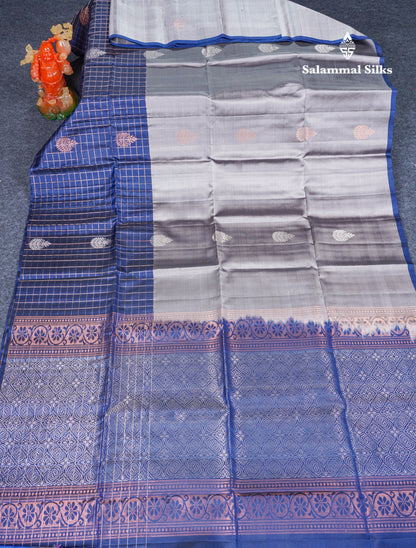 Beautiful Grey Pure Kanjivaram Soft Silk Saree With Navy Blue Zari Lines One Side Border