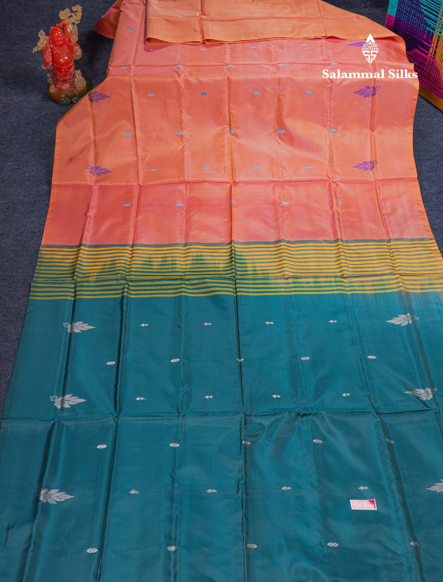 Peach Orange Thread work Buttas Banana Pinth Saree (Vaazhainaar Pattu) With Contrast Peacock Green Blouse