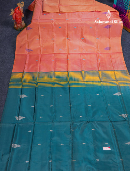 Peach Orange Thread work Buttas Banana Pinth Saree (Vaazhainaar Pattu) With Contrast Peacock Green Blouse
