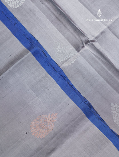 Beautiful Grey Pure Kanjivaram Soft Silk Saree With Navy Blue Zari Lines One Side Border