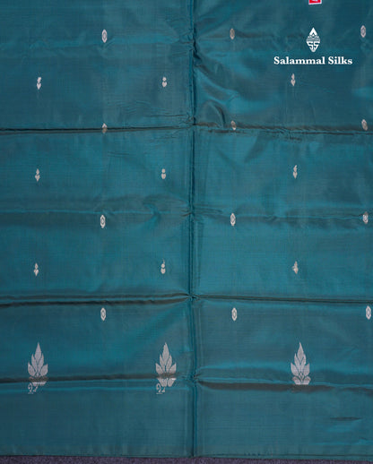 Peach Orange Thread work Buttas Banana Pinth Saree (Vaazhainaar Pattu) With Contrast Peacock Green Blouse