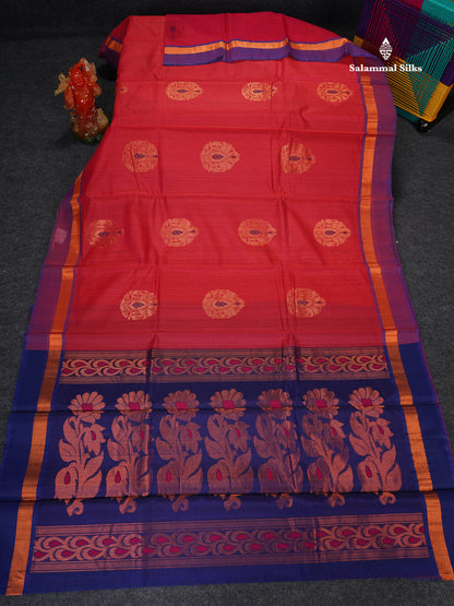SICO Cotton Saree - Peach Colour Body With Copper Zari Butta & Dual Tone Blue Border
