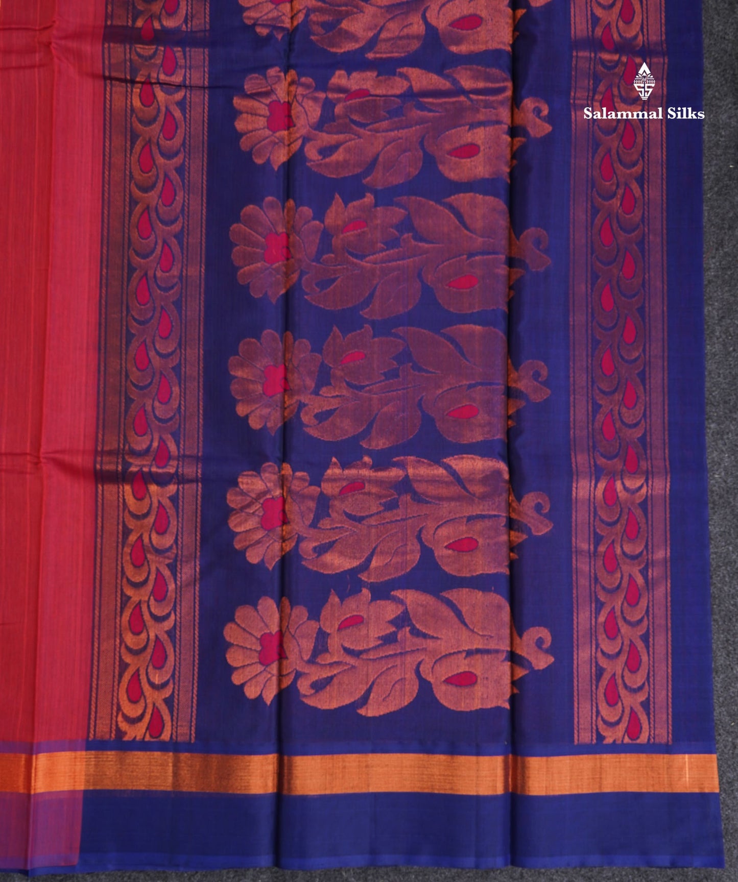 SICO Cotton Saree - Peach Colour Body With Copper Zari Butta & Dual Tone Blue Border