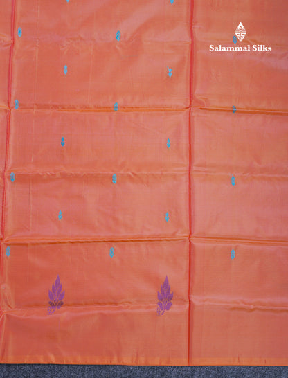 Peach Orange Thread work Buttas Banana Pinth Saree (Vaazhainaar Pattu) With Contrast Peacock Green Blouse