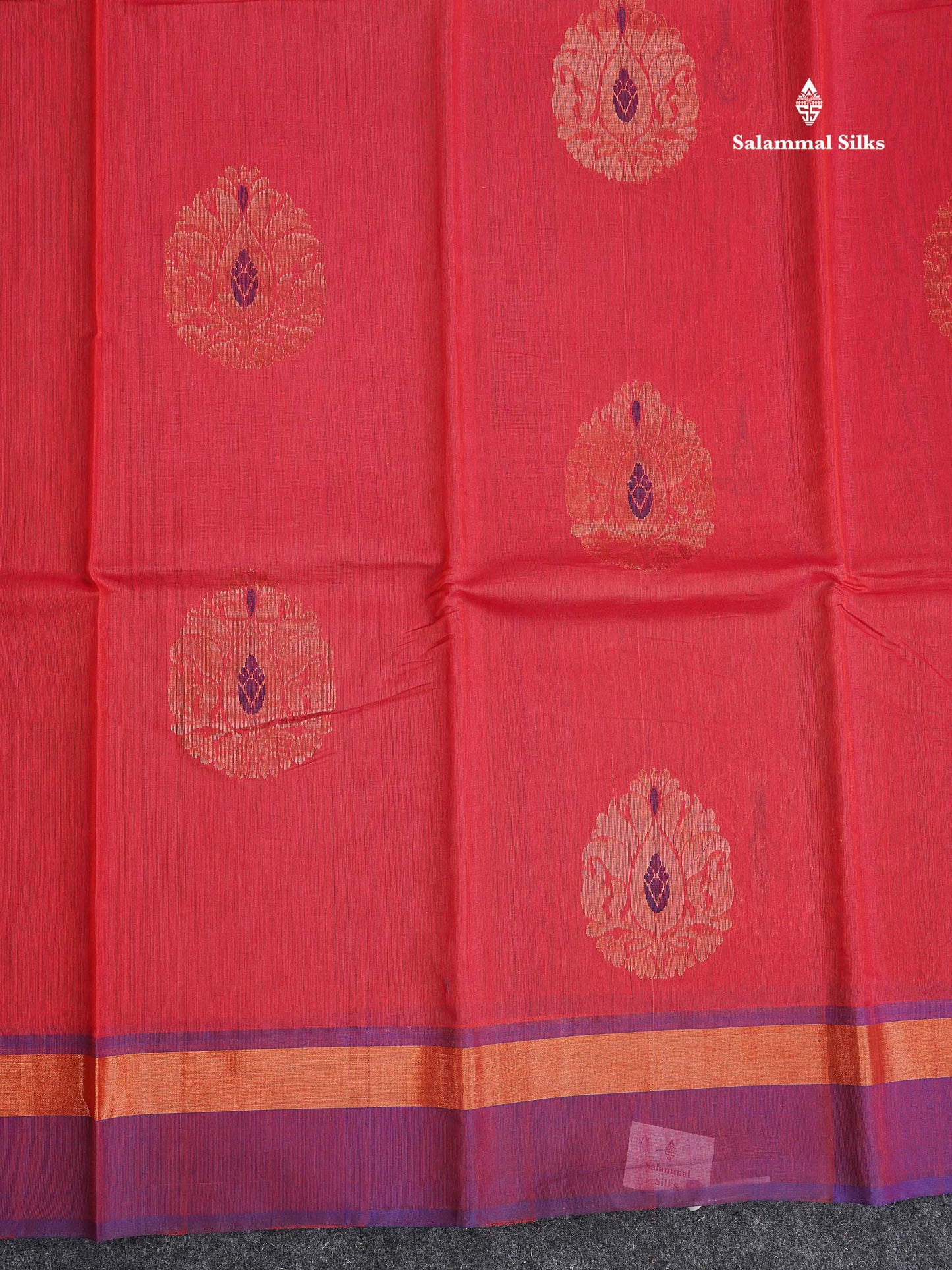 SICO Cotton Saree - Peach Colour Body With Copper Zari Butta & Dual Tone Blue Border