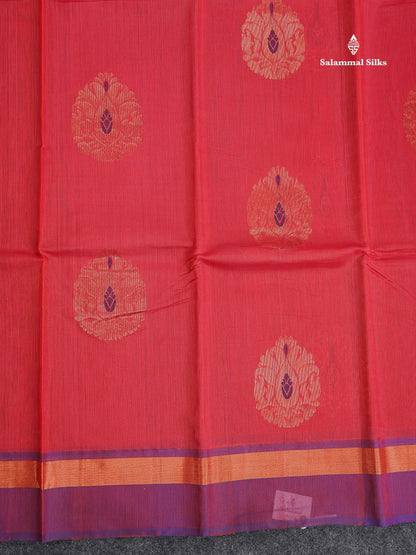 SICO Cotton Saree - Peach Colour Body With Copper Zari Butta & Dual Tone Blue Border