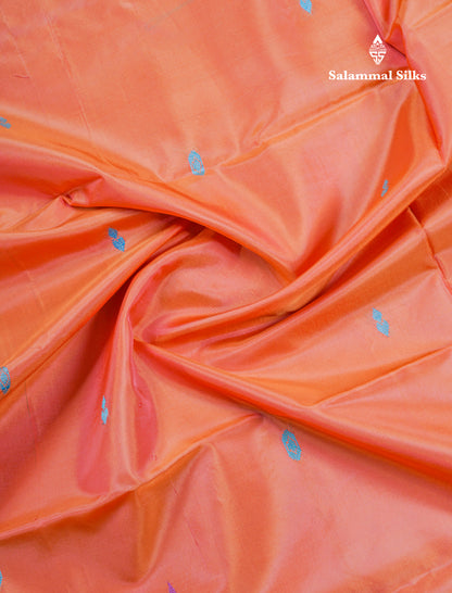 Peach Orange Thread work Buttas Banana Pinth Saree (Vaazhainaar Pattu) With Contrast Peacock Green Blouse