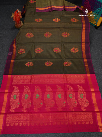 SICO Cotton Saree - Mehandi Green Colour Body With Copper Zari Butta & Magenta Border